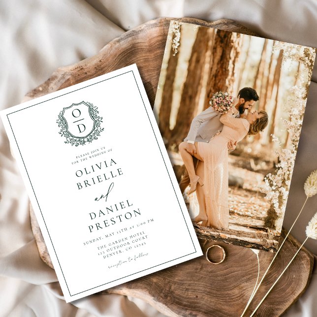 Convite Casamento do Monograma do Crest Elegante Emerald V (Criador carregado)