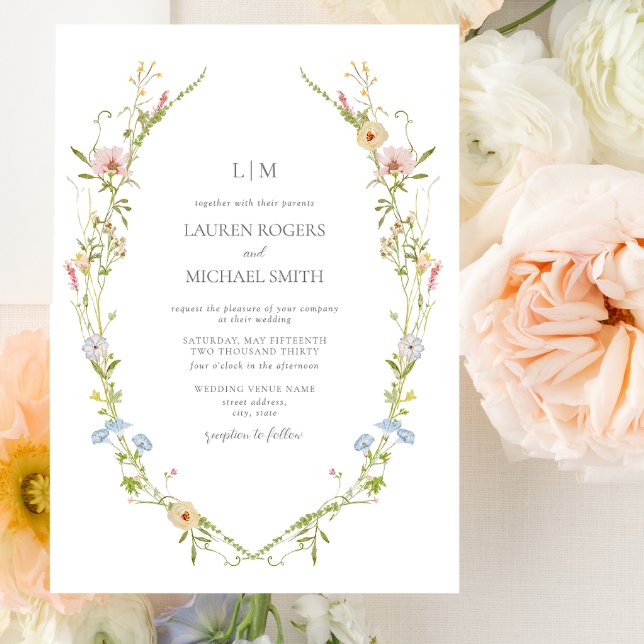 Convite Casamento do Monograma do Jardim de Flores Selvage (QR Code Garden Wedding Invitation)