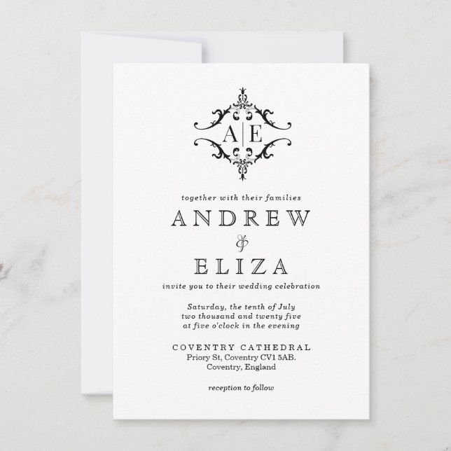 Convite Casamento do Monograma do Paixão Negro e Branco El (Frente)