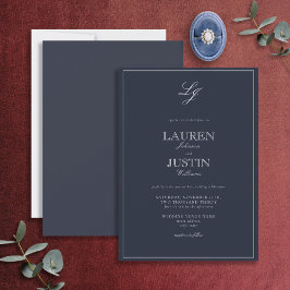 Convite Casamento do Monograma do Script Azul do Marinho C