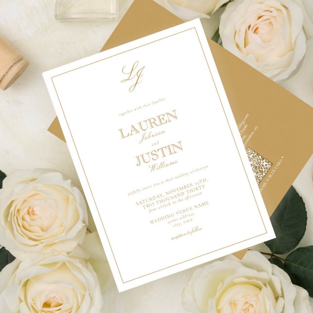 Convite Casamento do Monograma Dourado Clássico do Código  (Criador carregado)