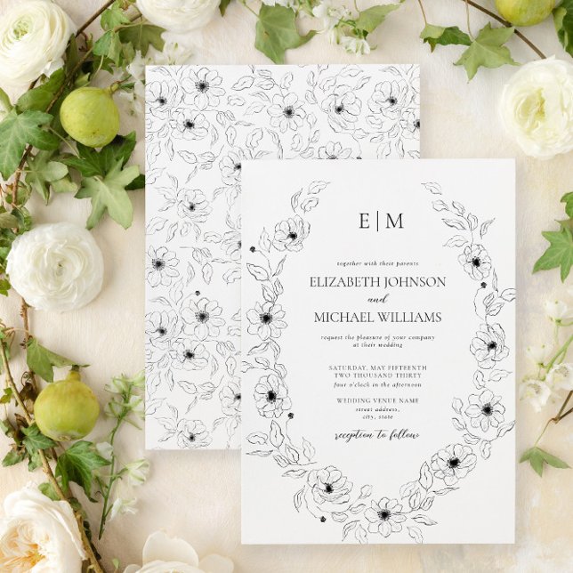 Convite Casamento do Monograma Floral Branco e Preto Elega (Easily personalize this floral wedding invite with your unique details for an elegant wedding)