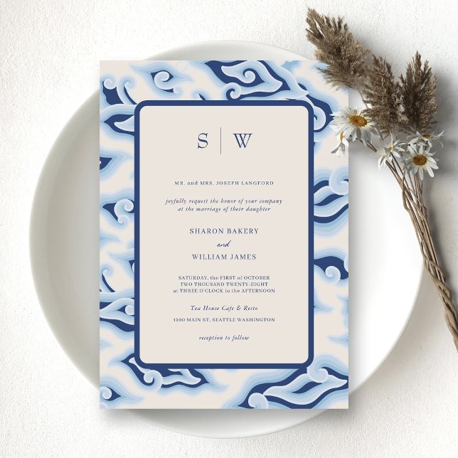 Convite Casamento do Monograma Ondas do Elegante Blue Ocea (Design Your Personalized Vintage Batik Wedding Invitation)