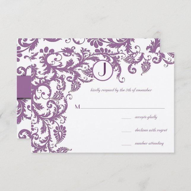 Convite Casamento do Monograma Plum Damask (Frente/Verso)