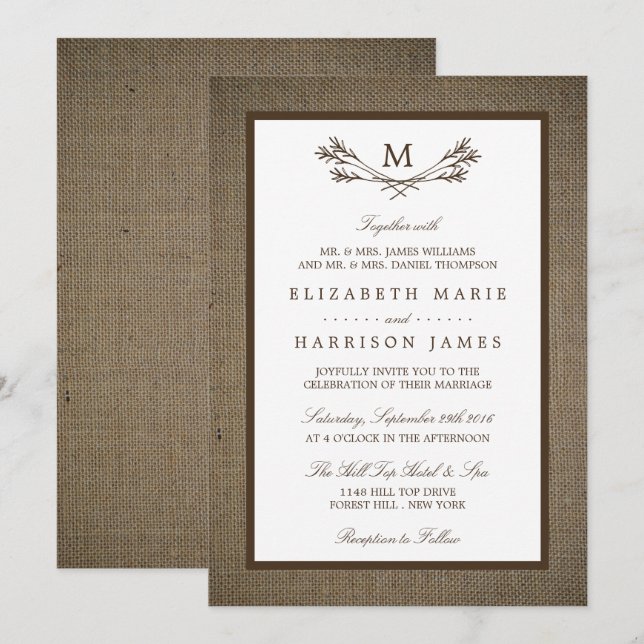 Convite Casamento do Monograma Russo do País & Burlap (Frente/Verso)