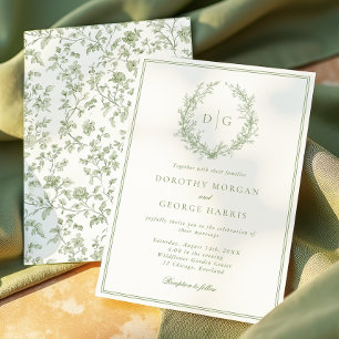 Convite Casamento do Monograma Verde da Sage Crest Formal