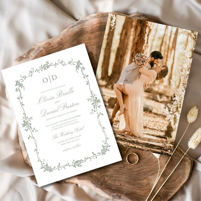 Convite Casamento do Monograma Verde de Foto do Victorian  (Criador carregado)