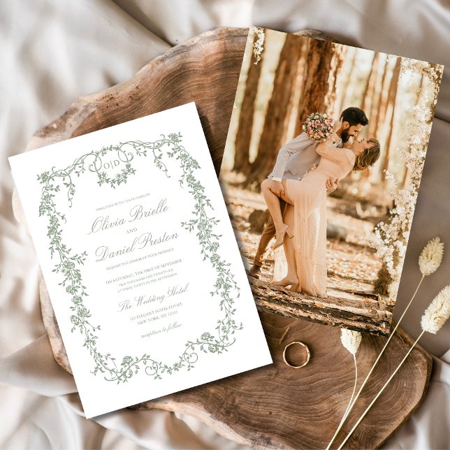 Convite Casamento do Monograma Verde de Foto do Victorian  (Criador carregado)
