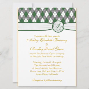 Convite Casamento do Monograma Verde de Golfe Argyle Golfb