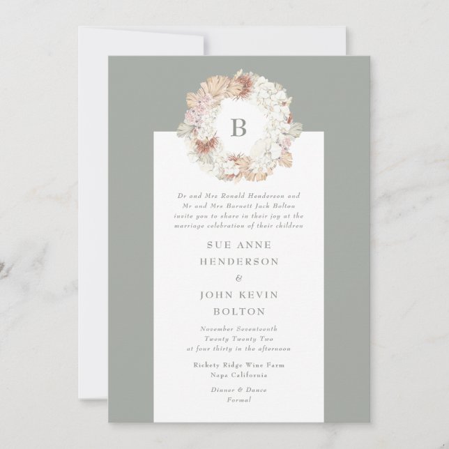 Convite Casamento do Monograma Verde de Pampas Wreath Moss (Frente)