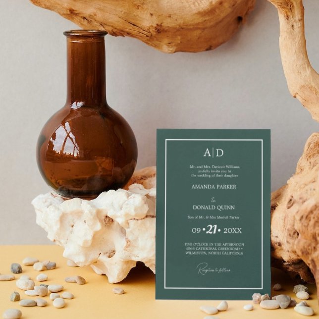 Convite Casamento do Monograma Verde Elegante e Romântico (Criador carregado)