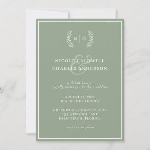 Convite Casamento do Monograma Verde Sage Minimalista Mode