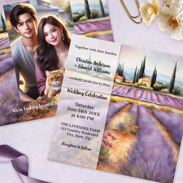 Convite Casamento do País da Fazenda Mediterrânica (Mediterranean wedding invitation showing a painting of the country side with lavender farm + QR code)