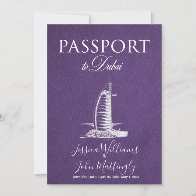 Convite Casamento do Passaporte de Couro Dubai Salvar a Da (Frente)