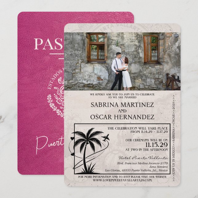 Convite Casamento do Passaporte Magenta Pink Puerta Vallar (Frente/Verso)