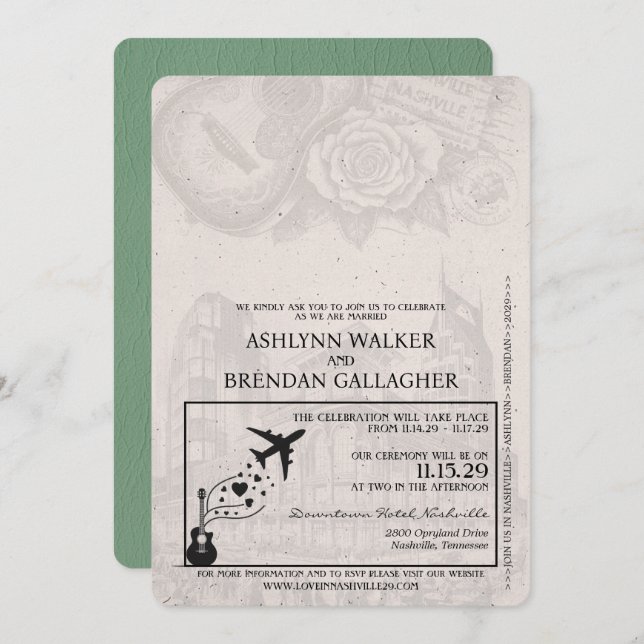 Convite Casamento do Passaporte Sage Green Nashville (Frente/Verso)