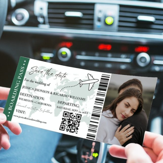 Convite Casamento do passe de embarque verde salve o bilhe (Criador carregado)