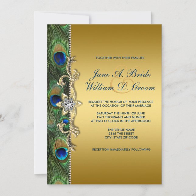 Convite Casamento do Pavão Verde Esmeralda e Dourado (Frente)