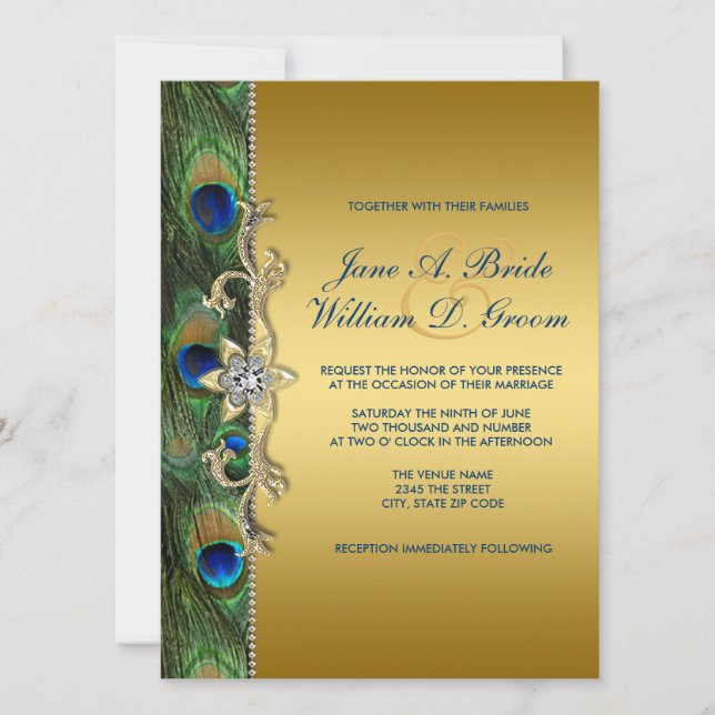 Convite Casamento do Pavão Verde Esmeralda e Dourado (Frente)