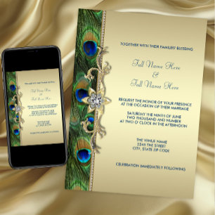 Convite Casamento do Pavão Verde Esmeralda e Dourado