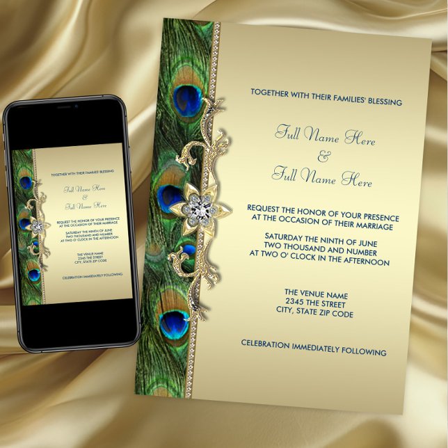 Convite Casamento do Pavão Verde Esmeralda e Dourado (Peacock wedding invitation. Available for instant download and printed. Gold peacock wedding invite)