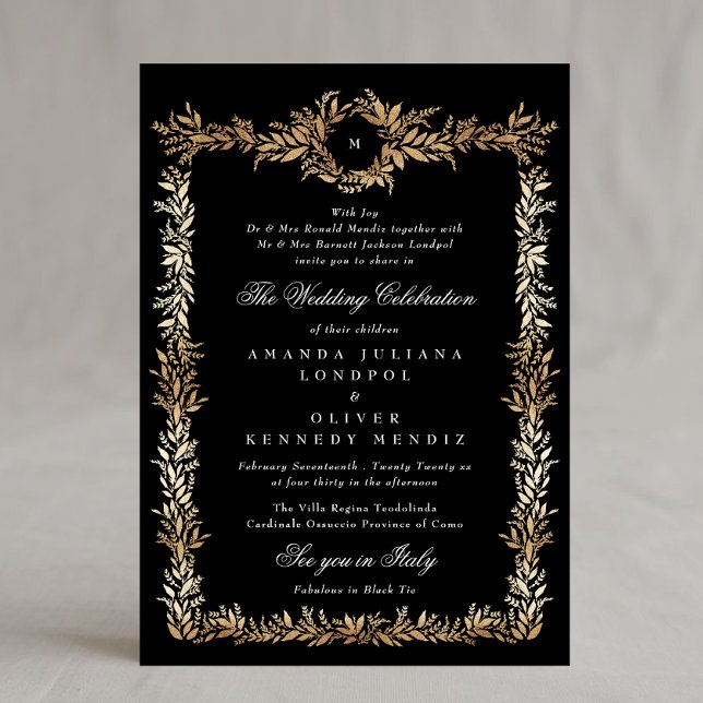Convite casamento do quadro botânico preto e dourado (Criador carregado)