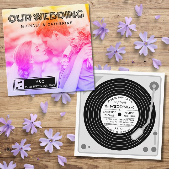 Convite Casamento do Retro Photo Vinyl Record Music Player (Criador carregado)
