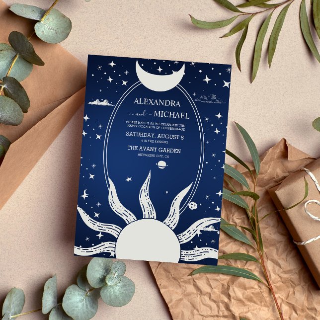 Convite Casamento do Sol Lua Azul Místico e Prata (Criador carregado)