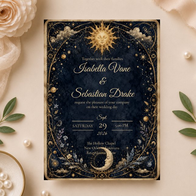 Convite Casamento do Sol Lua Vintage Celestial (Criador carregado)
