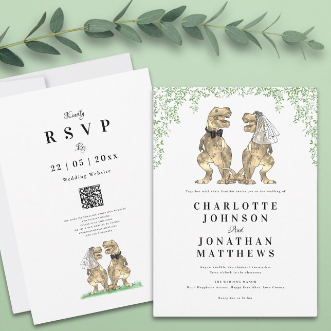 Convite Casamento do Tema do Dinossauro Moderno Minimalist (Botanical dinosaur theme wedding invitation with qr code and T-Rex bride and groom)