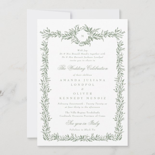 Convite casamento do tradicional sage green frame monogram (Frente)