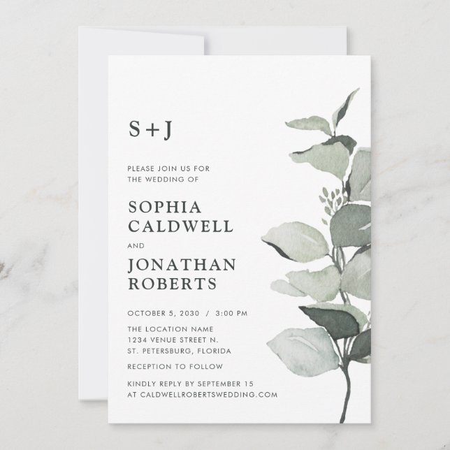 Convite Casamento do website RSVP Eucalyptus Sage Monogram (Frente)