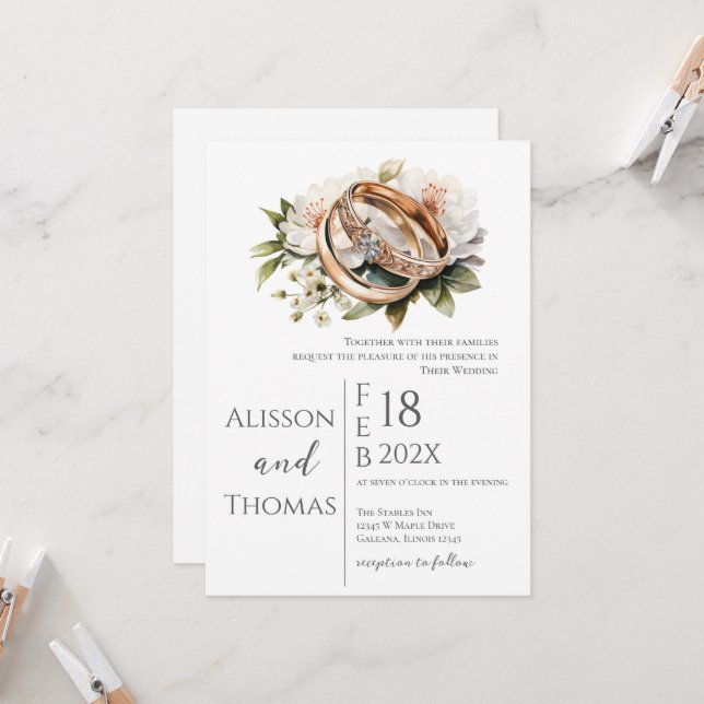 Convite Casamento dos Anéis Florais Elegante (Frente/Verso In Situ)