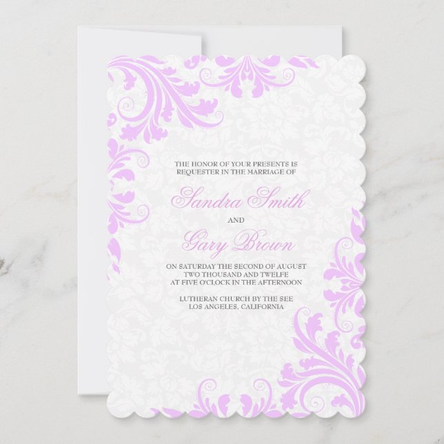 Convite Casamento dos Damascos Brancos de Lavanda Elegante (Frente)