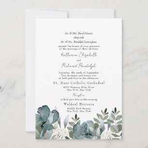 Convite Casamento dos Pais com Floral Azul Poeirento Elega