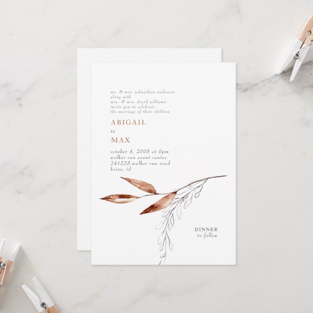 Convite Casamento dos Pais com Folhagem Moderna Branco/Ter (Frente/Verso In Situ)