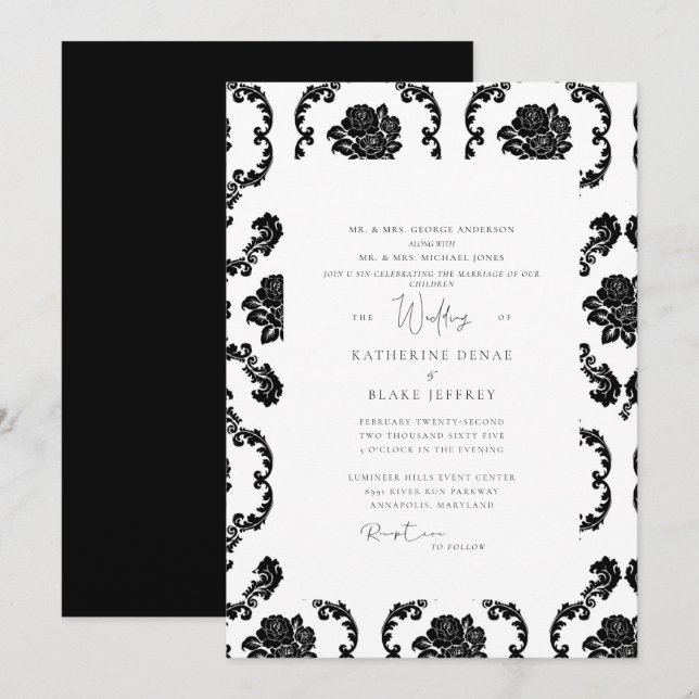 Convite Casamento dos Pais em Damasco Preto e Branco (Frente/Verso)