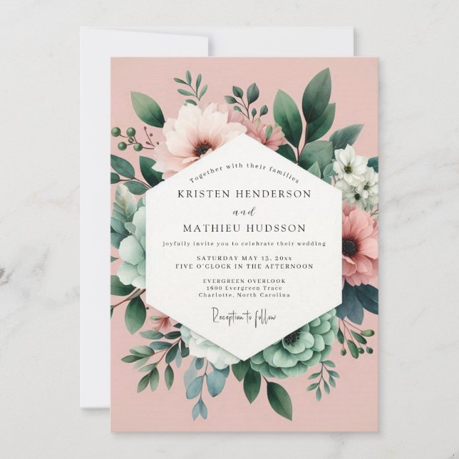 Convite Casamento dos Sonhos Botânicos Rosa (Frente)