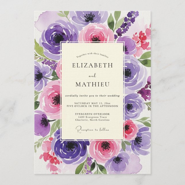 Convite Casamento dos Sonhos com Aquarela de Rosa Lavanda (Frente)