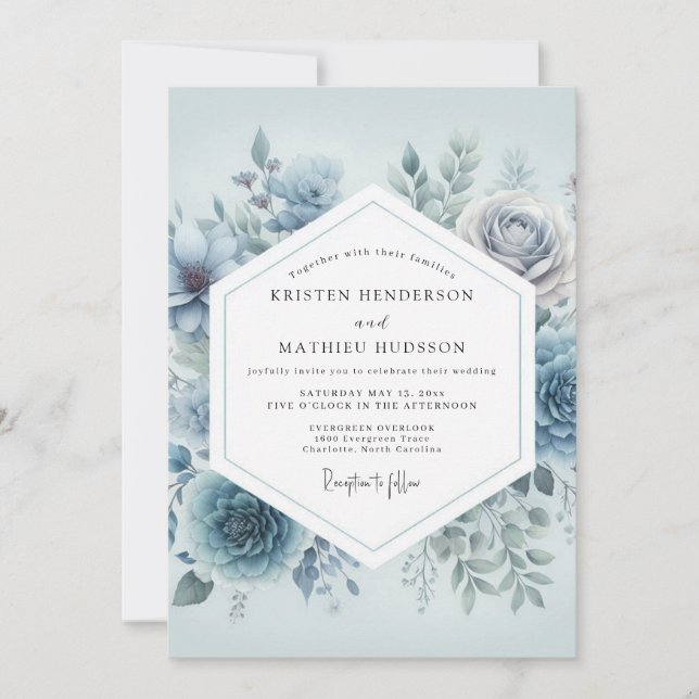 Convite Casamento dos Sonhos Florais Azul Ardesia (Frente)