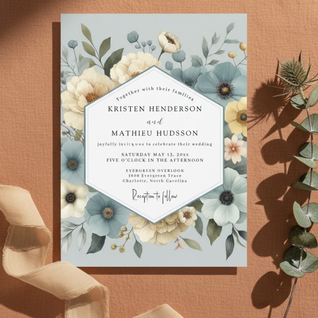 Convite Casamento dos Sonhos Florais Azul Ardesia (Criador carregado)