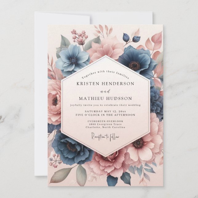 Convite Casamento dos Sonhos Florais em Azul Empoeirado (Frente)