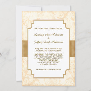 Convite Casamento Dourado Antiquado de Fronteira Floral
