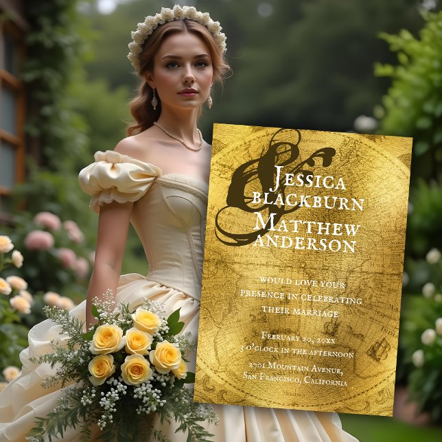Convite Casamento Dourado Antiquado de Mapa do Velho Mundo (Old World Antique Gold Map Wedding Invitation. Model is AI Gen. )
