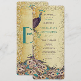 Convite Casamento Dourado Aqua EggPlant Art Nouveau Peacoc