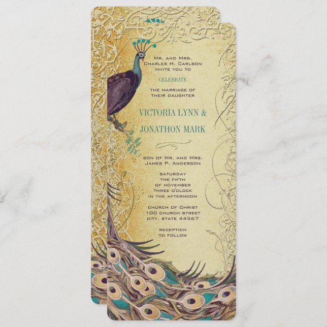 Convite Casamento Dourado Aqua EggPlant Art Nouveau Peacoc (Frente/Verso)