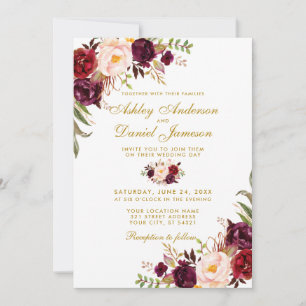 Convite Casamento Dourado Aquarela Floral Borgonha W