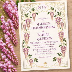 Convite Casamento Dourado Art Nouveau com Wisteria Rosa