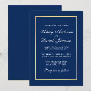 Convite Casamento Dourado Azul Clássico Elegante