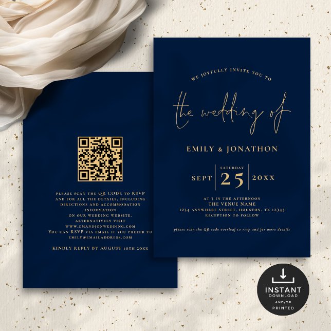 Convite Casamento Dourado Azul com Código QR de Script Min (Front and back view)